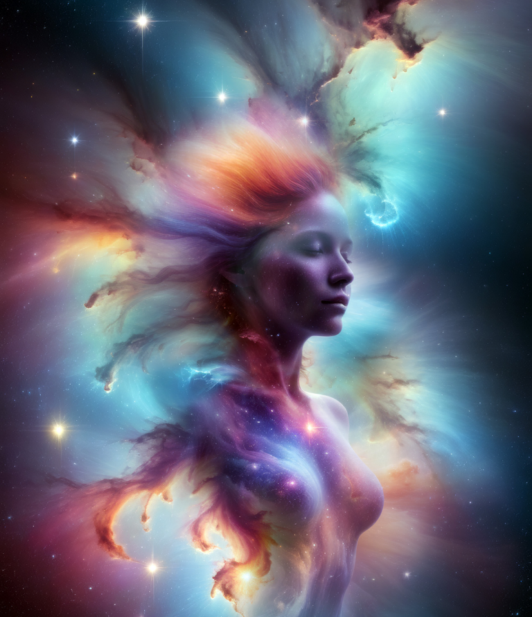 a woman compossed of nebular gas over a Deep space background